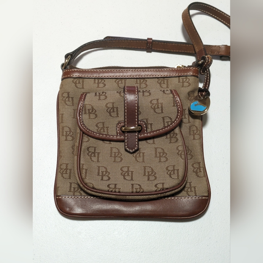 Dooney & Bourke Crossbody Bag Purse Letter Carrier Logo Canvas Leather Brown
